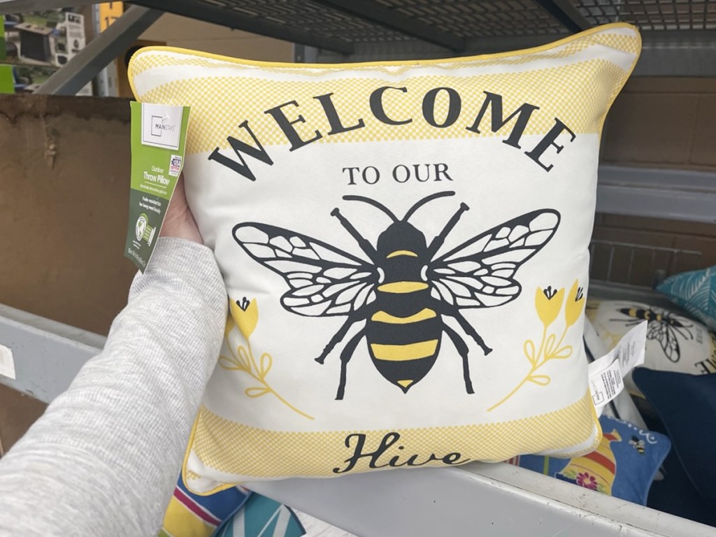 hand holding a pillow that says welcome to our hive