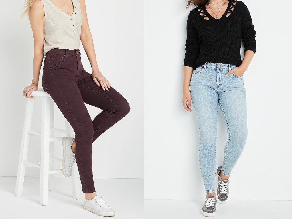 woman sitting on stool wearing maroon jeans and woman wearing light blue jeans