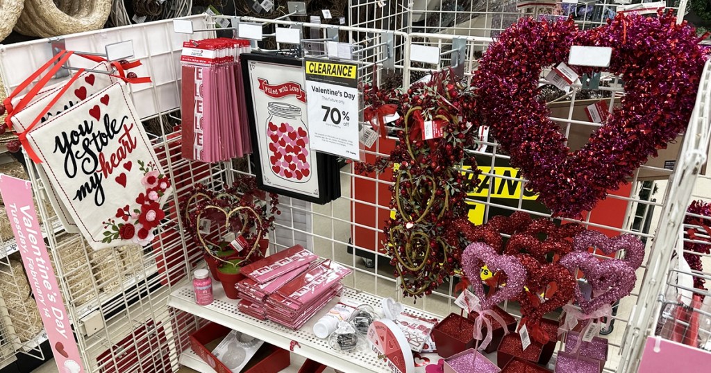 display of valentine's day decor on clearance in store