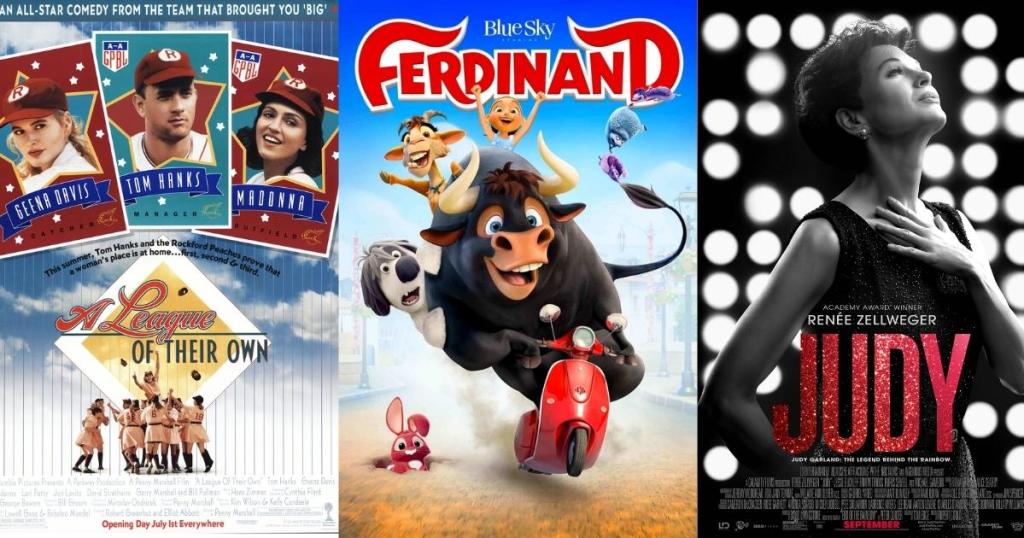 movie posters for a league of their own, ferdinand, and judy