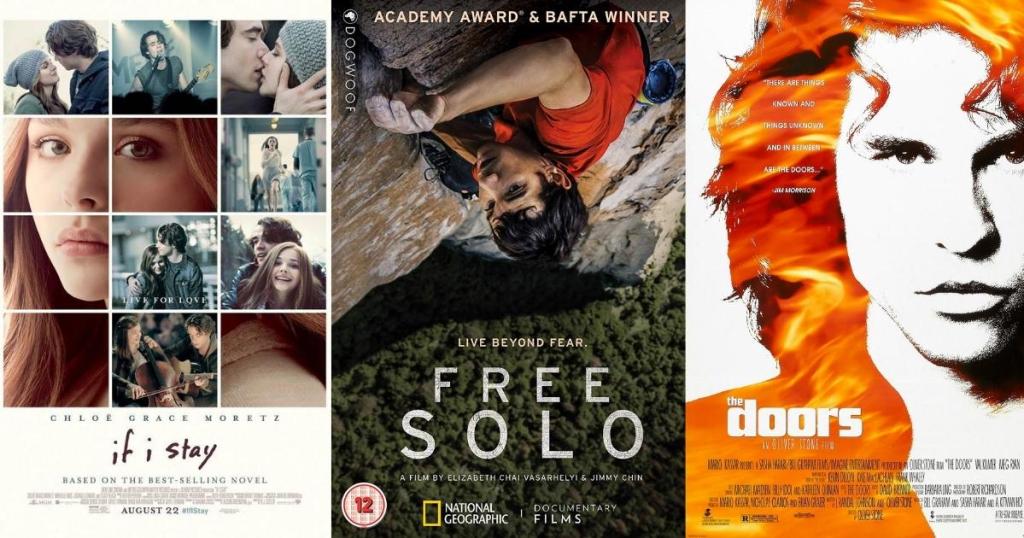 movie posters for if i stay, free solo, and the doors