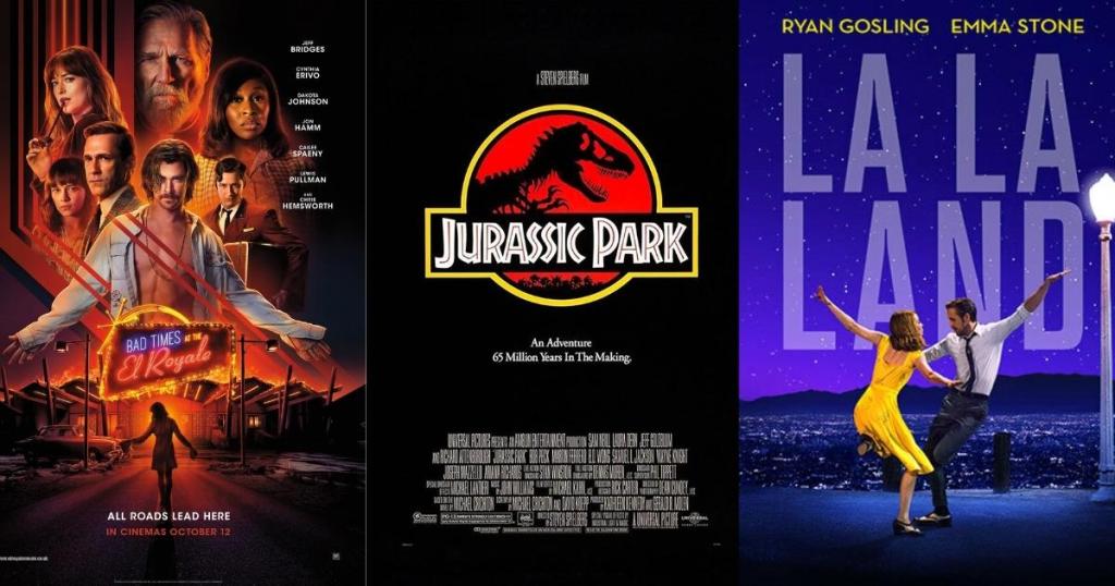 movie posters for bad times at the el royale, jurassic park, and la la land