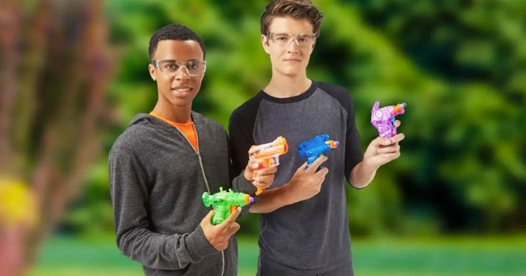 two boys holding NERF Fortnite Micro Ice Storm Blasters