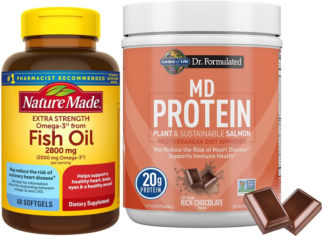 Nature Made Extra Strength Omega 3 Fish Oil Softgels and Garden of Life Norwegian Salmon & Chocolate Plant-Based Protein