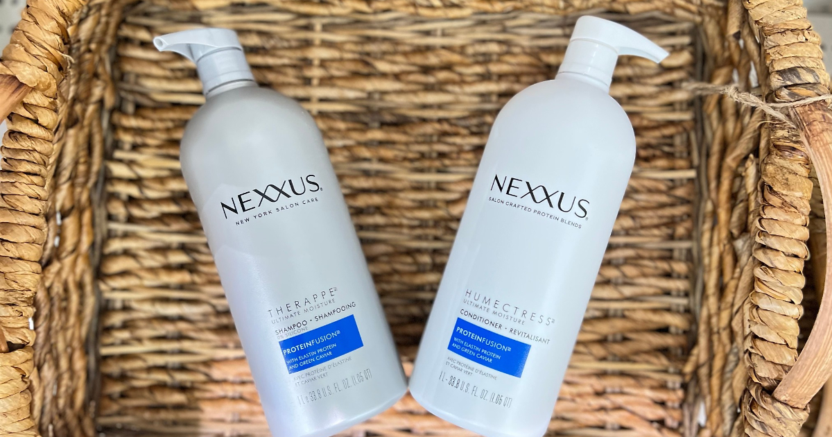 Nexxus Shampoo & Conditioner liter bottles in a wicker basket