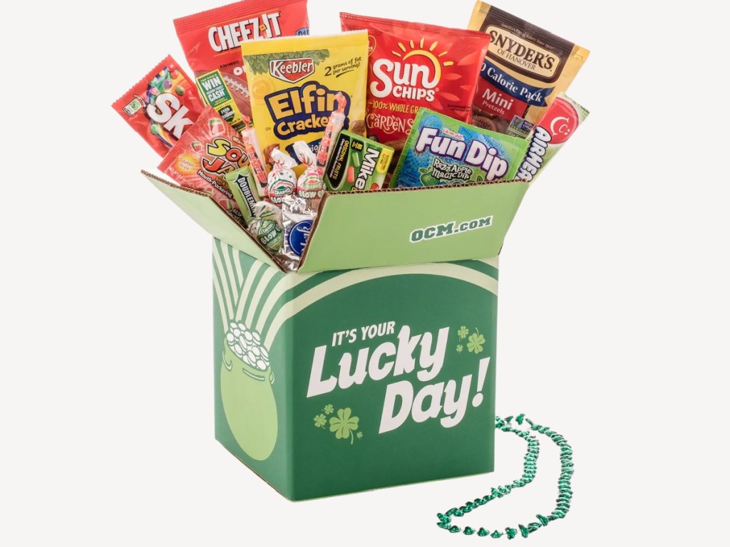 candy and snacks in St. Patrick's Day shipping box