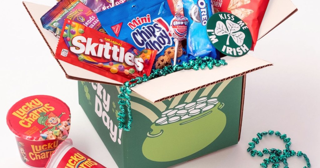 candy and snacks in St. Patrick's Day shipping box
