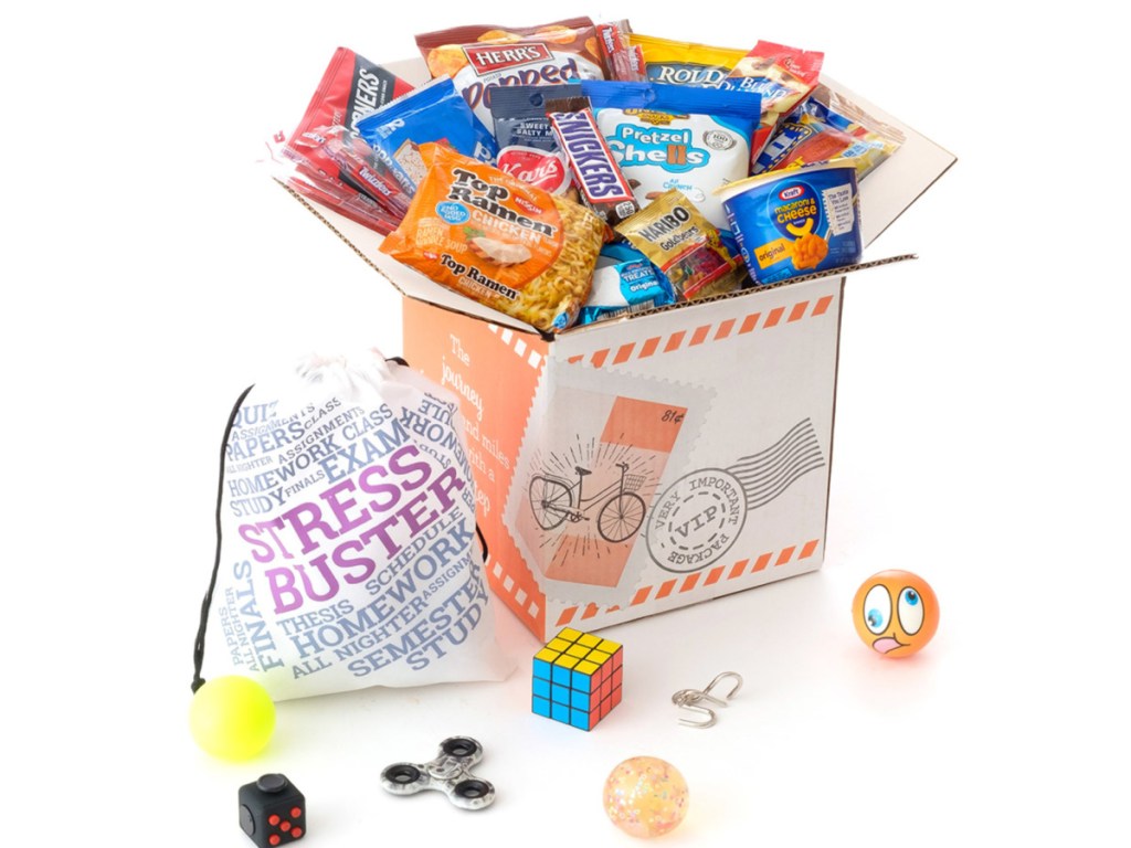 candy, snacks, and toys in shipping box