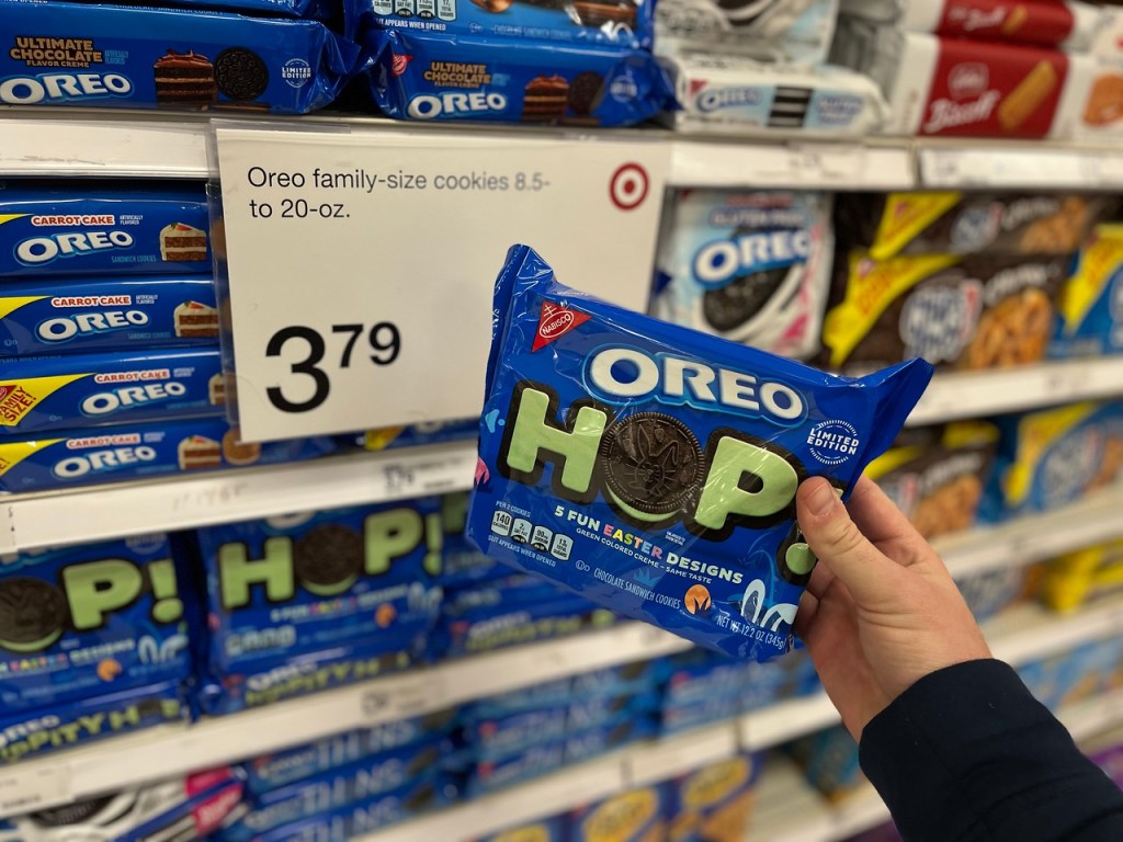 man holding a package of Oreo Hop Cookies