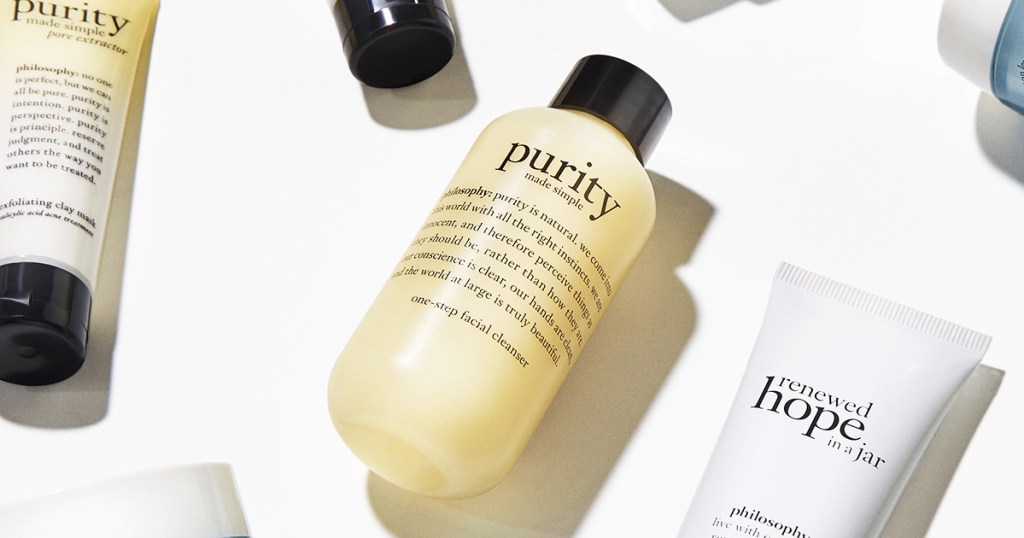 small bottle of Philosophy Purity Made Simple One-Step Facial Cleanser near other Philosophy products