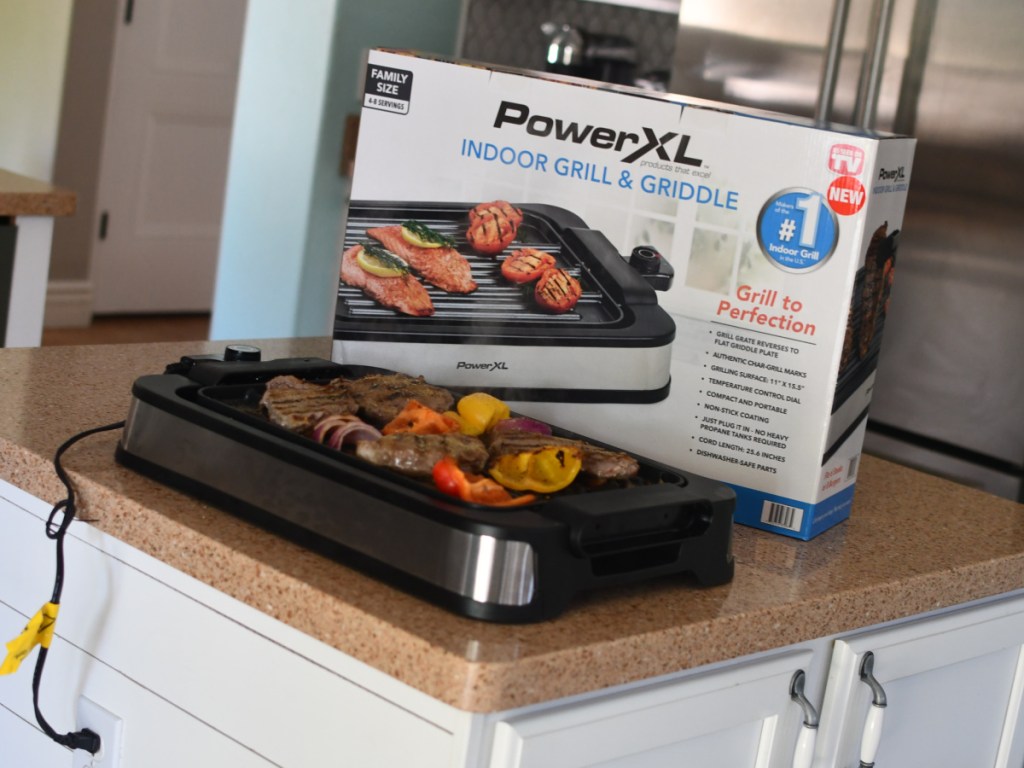 Power XL Grill Griddle box and grill plugged in and on counter