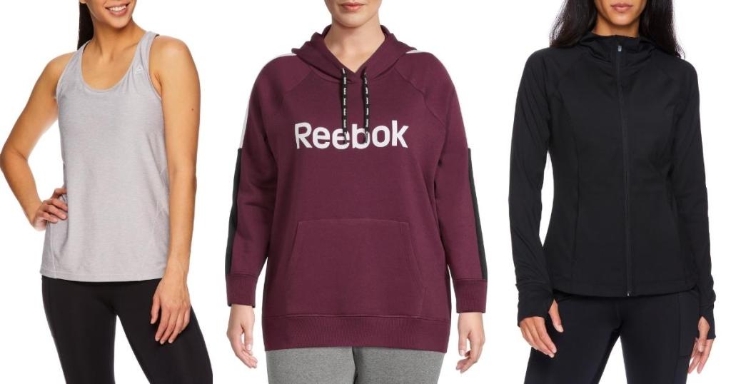 reebok women's racerback tank top, plus size sweatshirt and zip up jacket