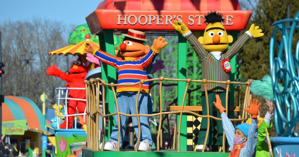 Sesame Street characters on parade float in Sesame Place
