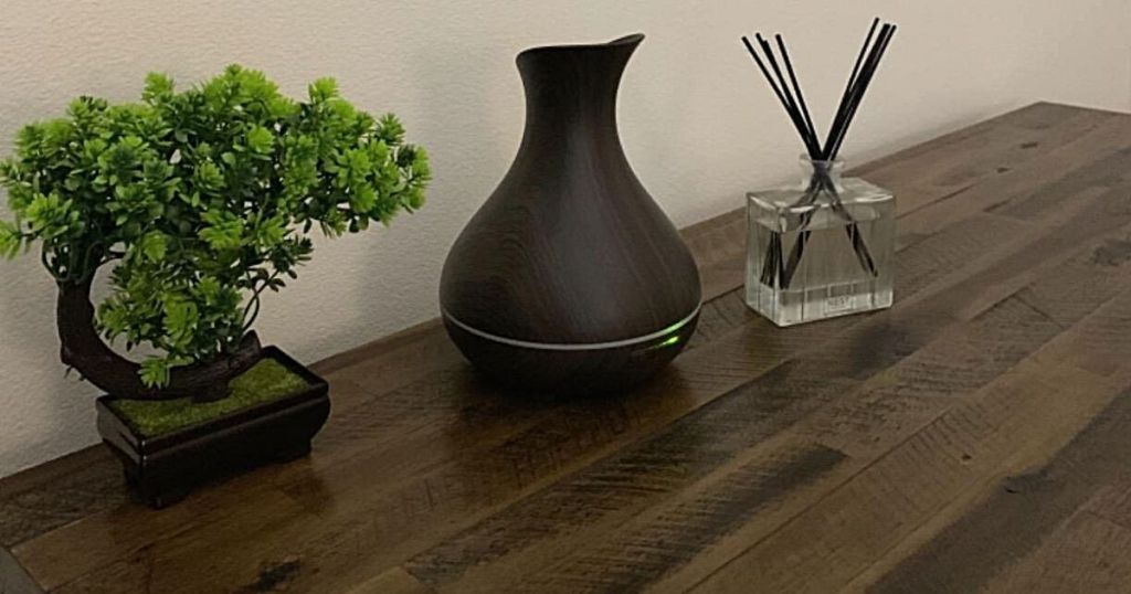 brown diffuser sitting on dresser next to plant