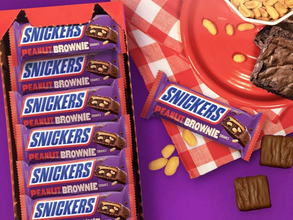 purple and red box of Snickers Peanut Brownie Squares