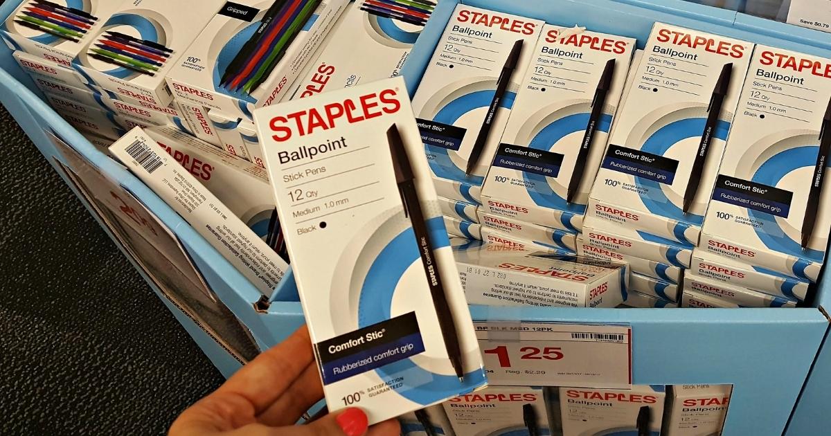 box of staples ballpoint pens in store
