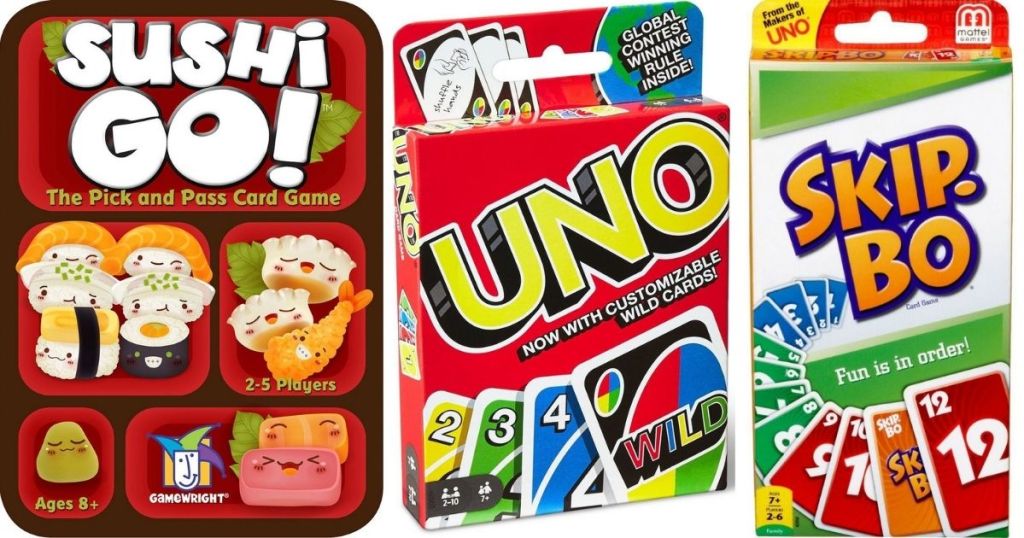 Sushi Go, UNO, Skip-Bo card games