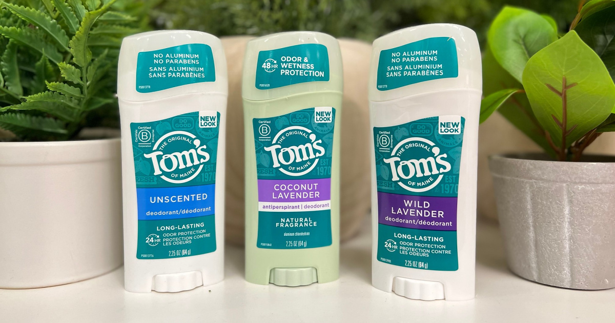 three Toms of maine deodorants nestled between potted plants