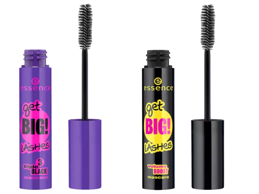 Two stock images of essence mascaras with the wand out 