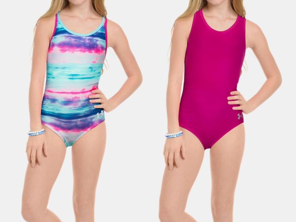 under armour girls one piece swimsuits with stripes and solid pink