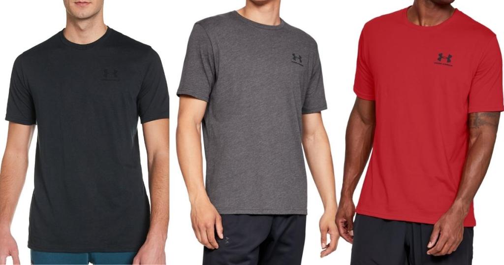 Under Armour Men's Sportstyle Left Chest Short Sleeve T-Shirt in Black, Gray, and Red
