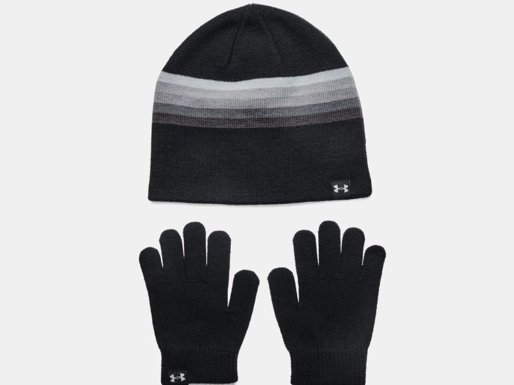 black and gray Under Armour beanie with matching black mittens