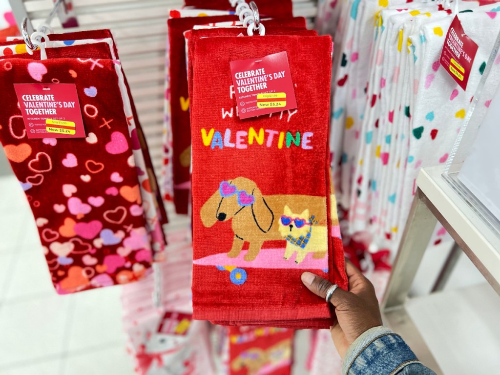 Valentine's Day-themed kitchen towels in store