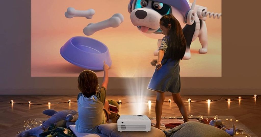 Vecupou WiFi Projector playing kids movie with kids watching movie
