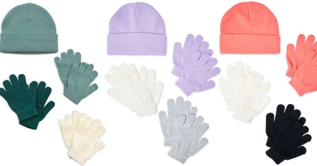three beanies and multiple pairs of gloves