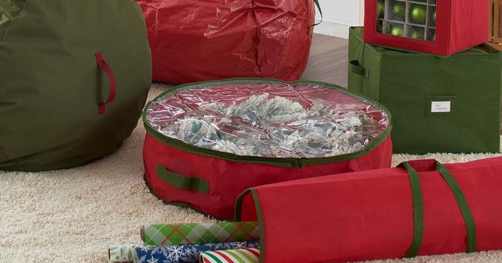 Christmas storage bags filled with Christmas decor