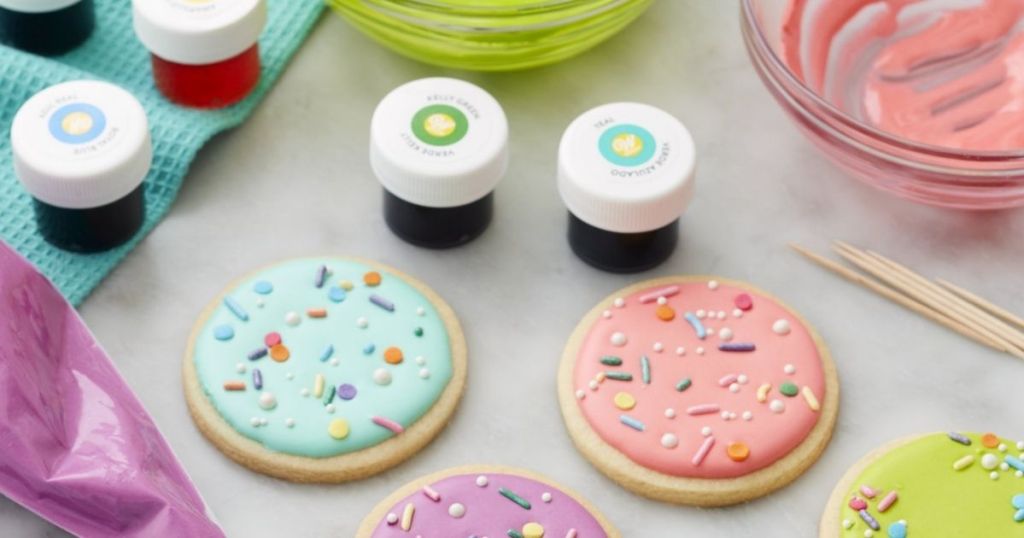 cookies and food coloring jars