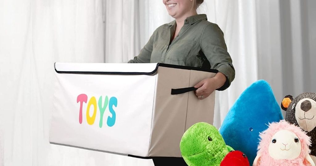 woman carrying covered storage box with the word TOYS on the front
