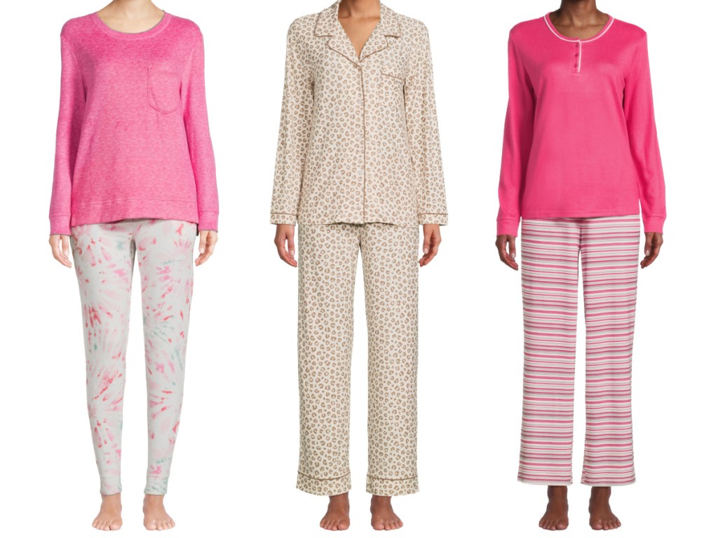 three women wearing different pant pajama sets