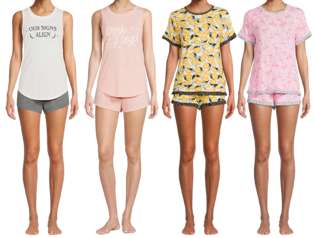 four women wearing different short pajama sets