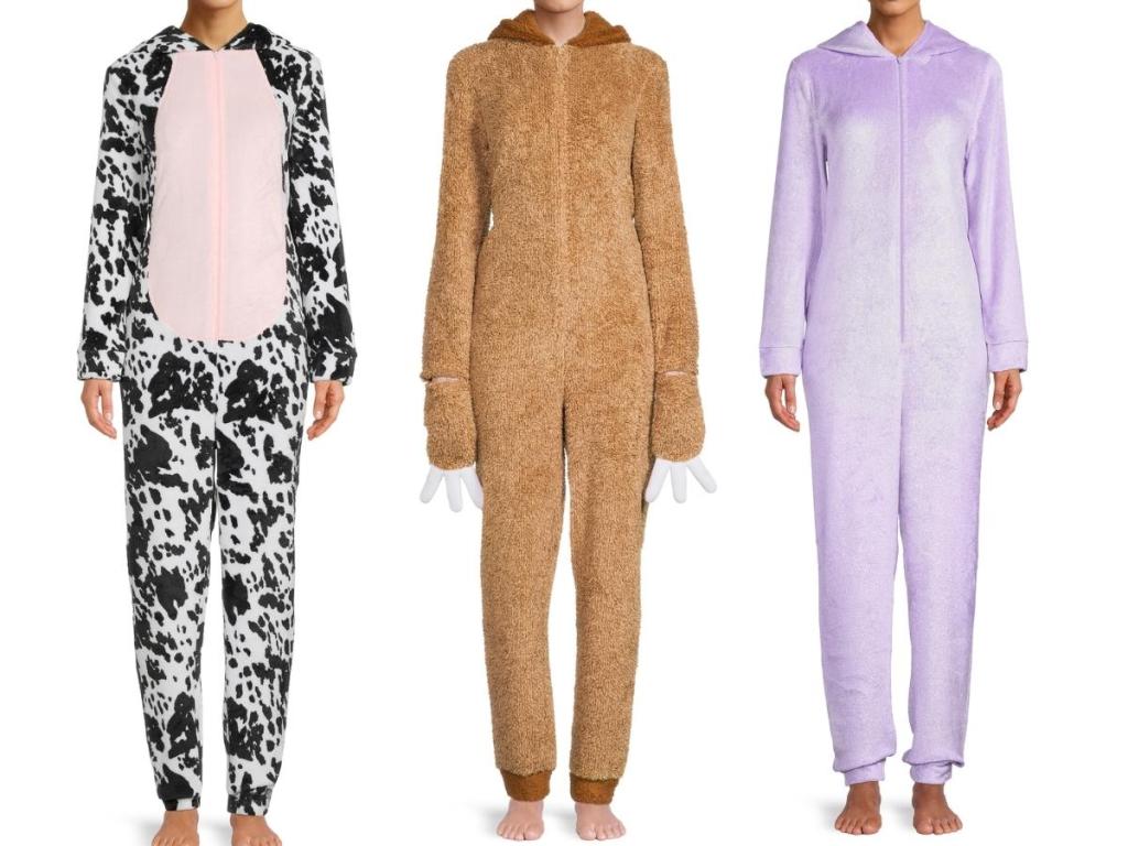 women's cow, sloth, and unicorn hooded union suits