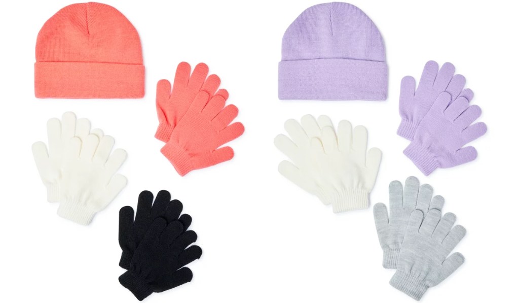 pink and purple beanie and glove sets