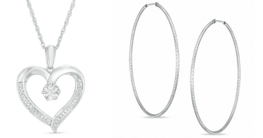Zales Diamond Accent Heart Pendant in Sterling Silver and sliver hoop earrings