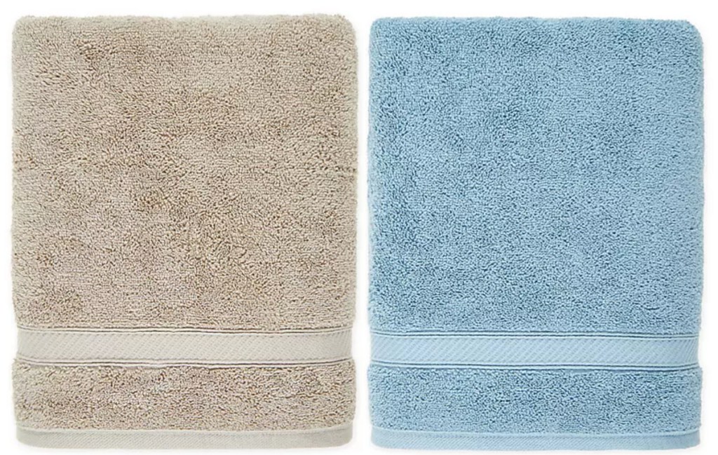 tan and blue bath towels