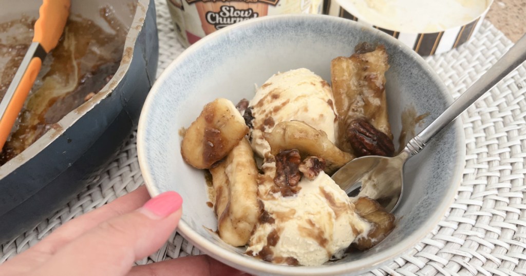 bowl of ice cream with bananas foster over it