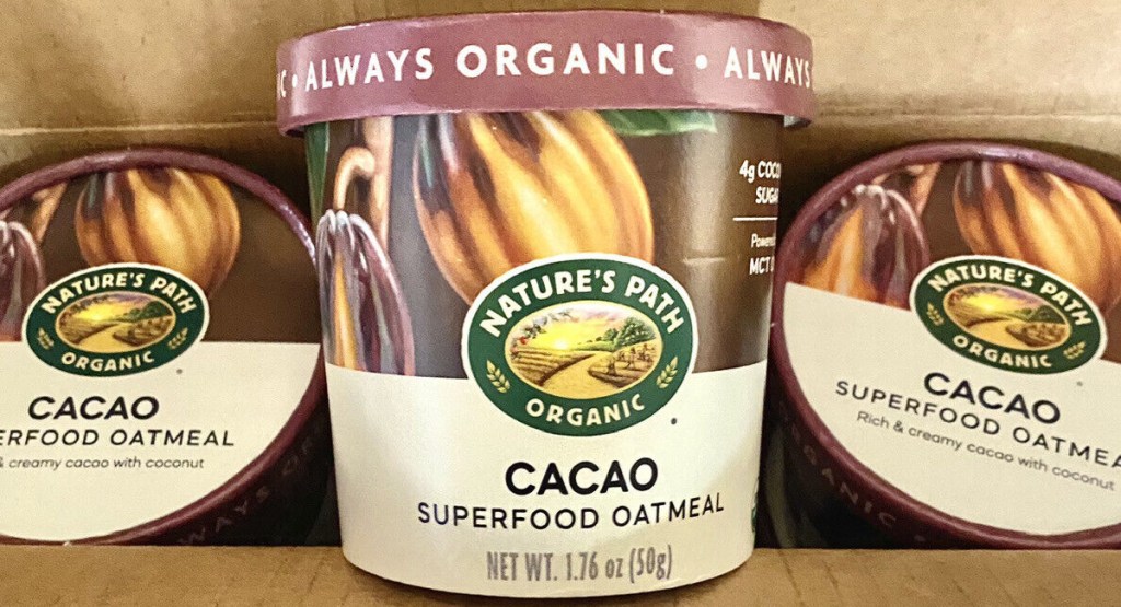 box filled with Nature's Path Organic Superfood Oatmeal Cup cacao