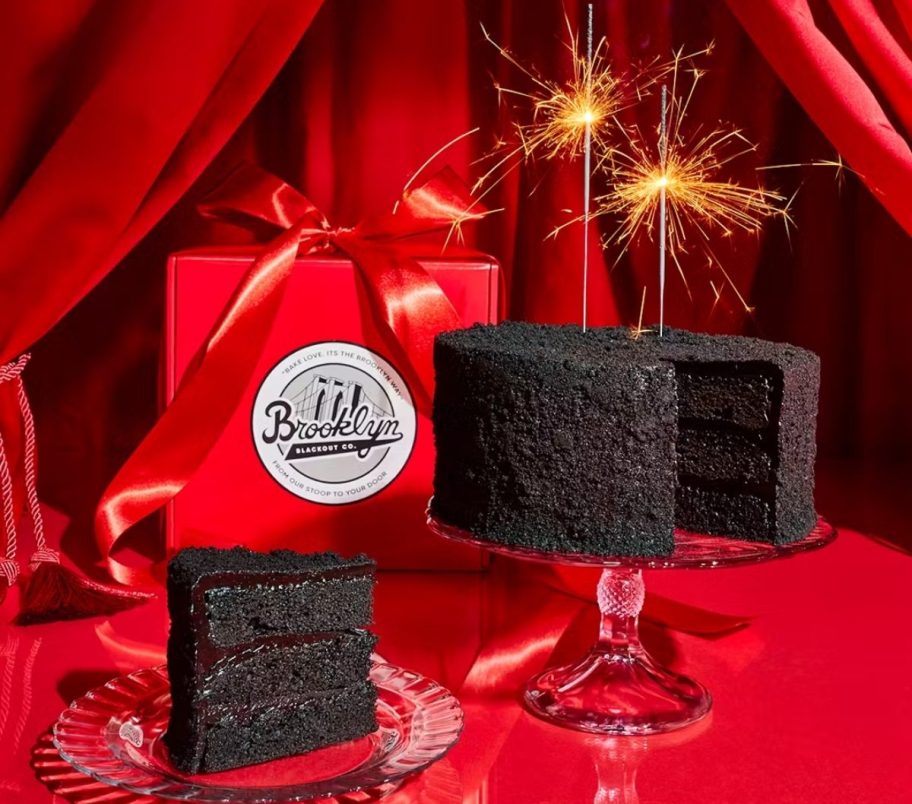 multilayered chocolate cake shown with a slice