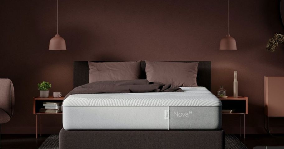 white casper nova mattress on bed with brown pillows and blanket on top