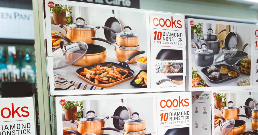 cooks diamond cookware in copper in boxes in store