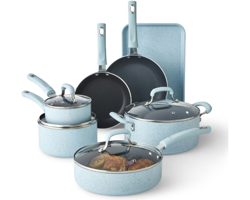 blue speckled cookware