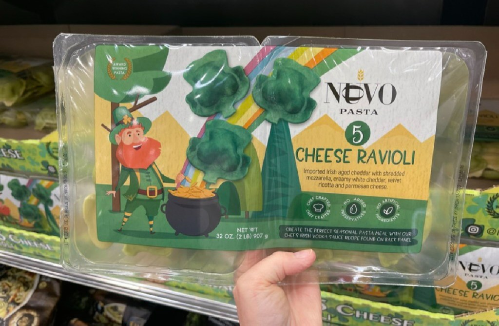 hand holding up a package of shamrock ravioli in a costco store