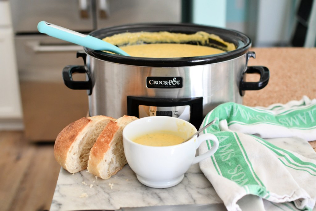 crock-pot with broccoli cheddar soup