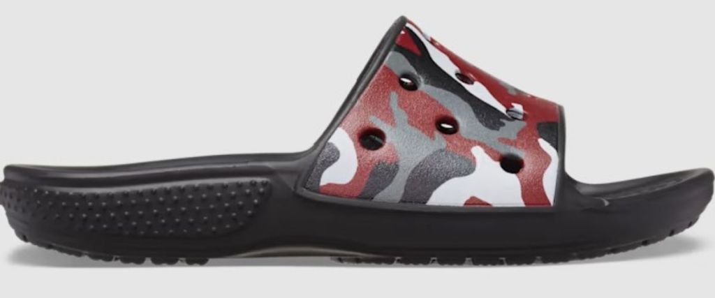 crocs red gray black and white camo slides