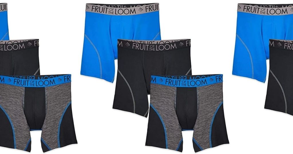 blue and black and gray Fruit of the Loom boxer briefs