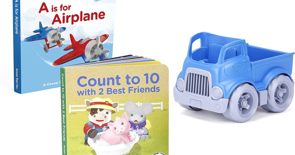 green toys truck and board books