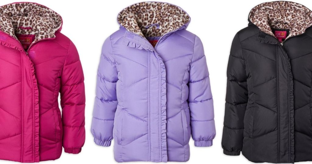 girls pink, purple, and black puffer coats with animal print lining